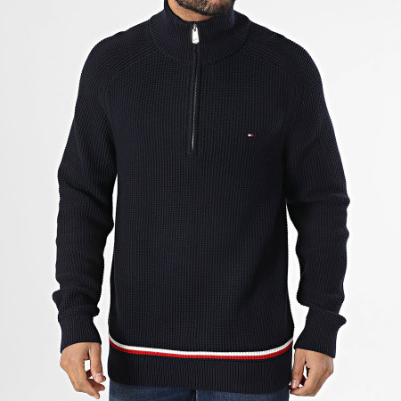 Tommy Hilfiger - Pull Col Montant Zippé Structure Global Stripe 8086 Bleu Marine