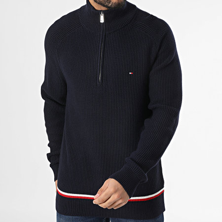 Tommy Hilfiger - Pull Col Montant Zippé Structure Global Stripe 8086 Bleu Marine