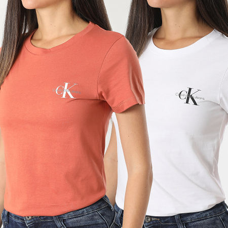 Calvin Klein - Lot De 2 Tee Shirts Slim Femme 9734 Blanc Rouge Brique