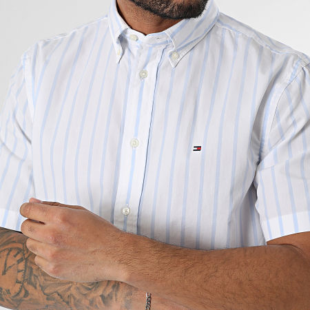 Tommy Hilfiger - Flex Popelín Rayas Camisa Manga Corta 7551 Blanco Azul Claro