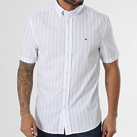 Tommy Hilfiger - Flex Popelín Rayas Camisa Manga Corta 7551 Blanco Azul Claro