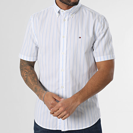 Tommy Hilfiger - Flex Popelín Rayas Camisa Manga Corta 7551 Blanco Azul Claro