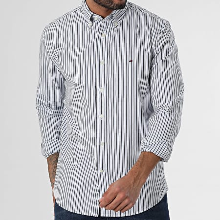 Tommy Hilfiger - Flex Poplin Classic 7549 Blanco Negro Camisa de Manga Larga a Rayas