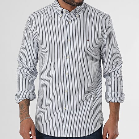 Tommy Hilfiger - Flex Poplin Classic 7549 Blanco Negro Camisa de Manga Larga a Rayas