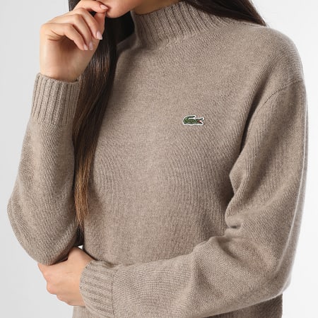 Lacoste - Pull Col Montant Femme Logo Brodé Crocodile Beige Chiné