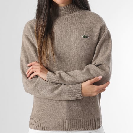 Lacoste - Pull Col Montant Femme Logo Brodé Crocodile Beige Chiné