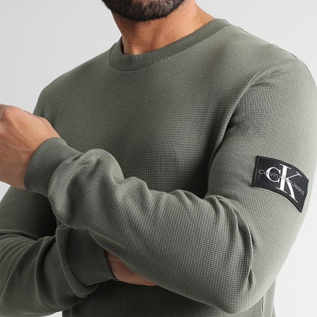 Calvin Klein - Sweat Crewneck Monogram Badge Waffle 3485 Vert Kaki