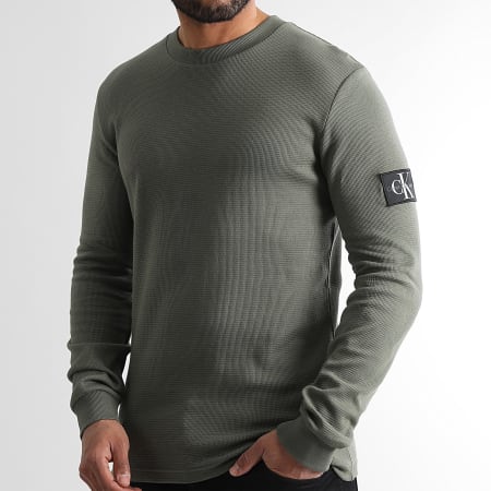 Calvin Klein - Sweat Crewneck Monogram Badge Waffle 3485 Vert Kaki