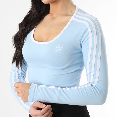 Adidas Originals - Tee Shirt Crop Manches Longues A Bandes Femme 3 Stripes JD4627 Bleu Clair