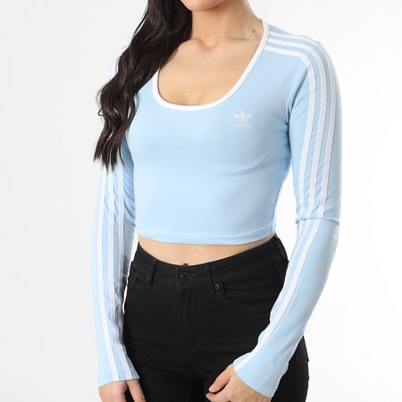 Adidas Originals - Tee Shirt Crop Manches Longues A Bandes Femme 3 Stripes JD4627 Bleu Clair