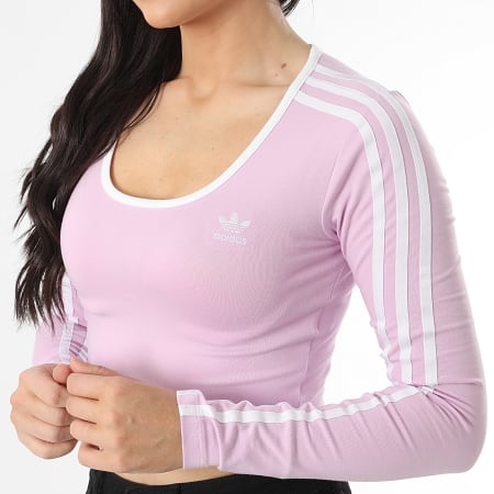 Adidas Originals - Tee Shirt Crop Manches Longues A Bandes Femme 3 Stripes JD4628 Lilas