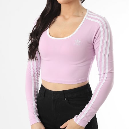 Adidas Originals - Tee Shirt Crop Manches Longues A Bandes Femme 3 Stripes JD4628 Lilas
