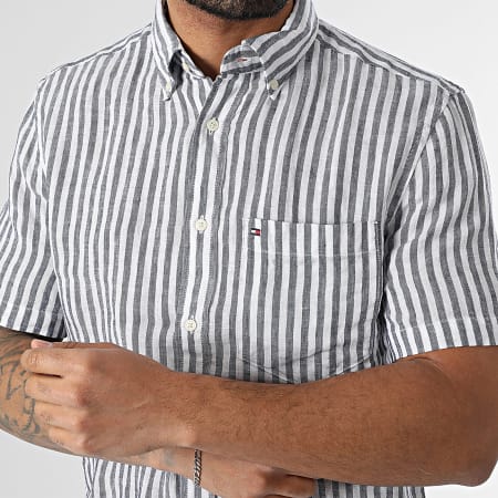 Tommy Hilfiger - Chemise Manches Courtes A Rayures Pigment Dye Linen 7542 Blanc Bleu Marine