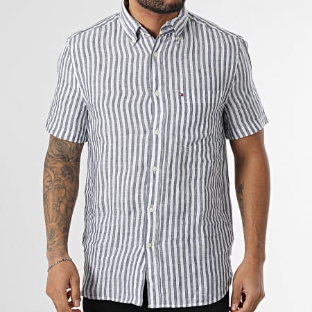 Tommy Hilfiger - Chemise Manches Courtes A Rayures Pigment Dye Linen 7542 Blanc Bleu Marine