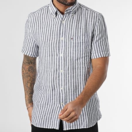 Tommy Hilfiger - Chemise Manches Courtes A Rayures Pigment Dye Linen 7542 Blanc Bleu Marine