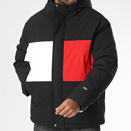 Tommy Jeans - Doudoune Capuche Flag 1274 Noir Blanc Rouge