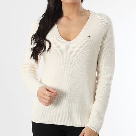 Tommy Hilfiger - Cardi Stitch Jersey de mujer con cuello en V 4452 Beige claro