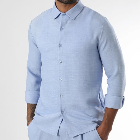 LBO - Conjunto de camisa de manga larga y pantalón efecto lino 1727 Azul claro