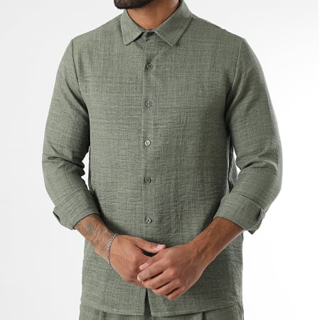 LBO - Conjunto de camisa de manga larga y pantalón efecto lino 1728 verde caqui