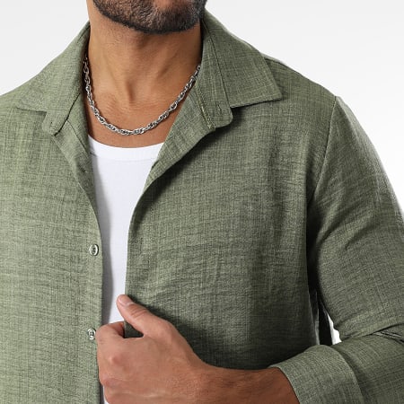 LBO - Conjunto de camisa de manga larga y pantalón efecto lino 1728 verde caqui