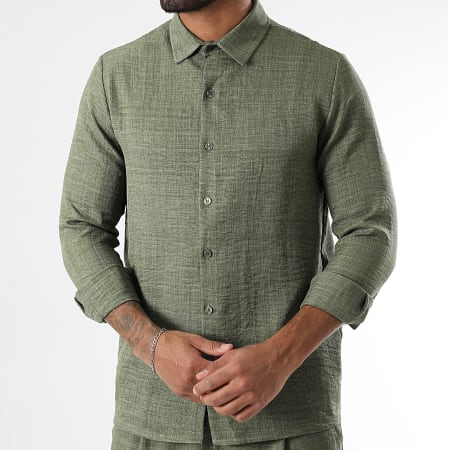 LBO - Conjunto de camisa de manga larga y pantalón efecto lino 1728 verde caqui