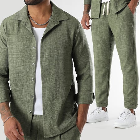 LBO - Conjunto de camisa de manga larga y pantalón efecto lino 1728 verde caqui
