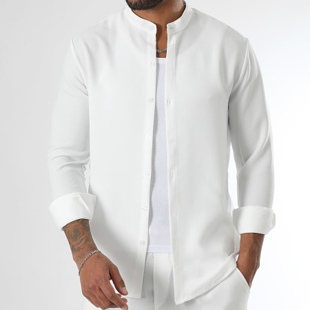LBO - Chemise Manches Longues Effet Lin Col Officier 1729 Blanc