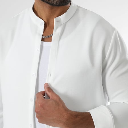 LBO - Chemise Manches Longues Effet Lin Col Officier 1729 Blanc