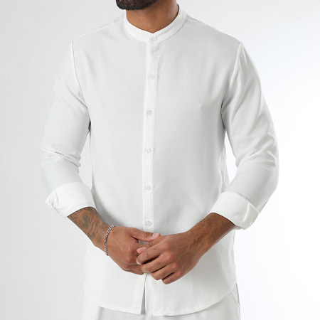 LBO - Chemise Manches Longues Effet Lin Col Officier 1729 Blanc