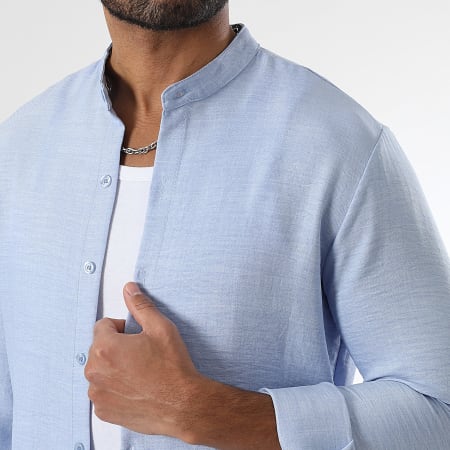 LBO - Chemise Manches Longues Effet Lin Col Officier 1730 Bleu Clair