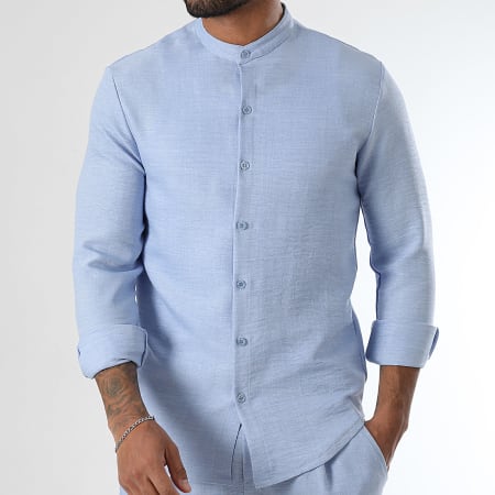 LBO - Chemise Manches Longues Effet Lin Col Officier 1730 Bleu Clair