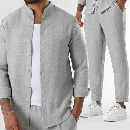 LBO - Ensemble Chemise Manches Longues Col Officier Et Pantalon Effet Lin 1734 Gris
