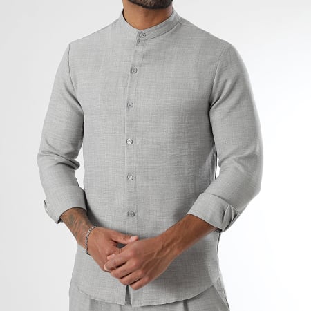 LBO - Ensemble Chemise Manches Longues Col Officier Et Pantalon Effet Lin 1734 Gris