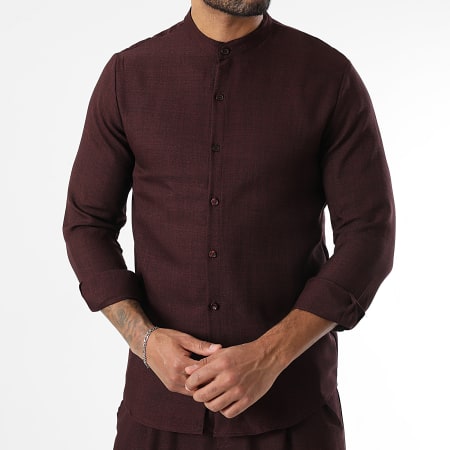 LBO - Conjunto de camisa de manga larga y pantalón efecto lino 1735 Burdeos