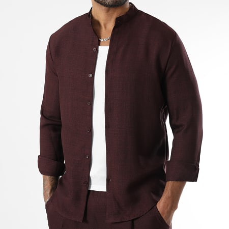 LBO - Conjunto de camisa de manga larga y pantalón efecto lino 1735 Burdeos