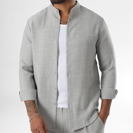 LBO - Chemise Manches Longues Effet Lin Col Officier 1736 Gris