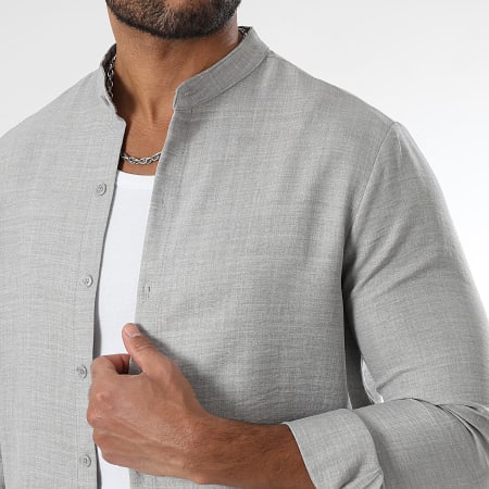 LBO - Chemise Manches Longues Effet Lin Col Officier 1736 Gris