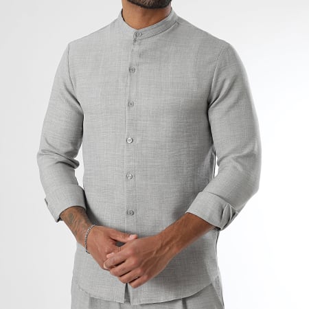 LBO - Chemise Manches Longues Effet Lin Col Officier 1736 Gris