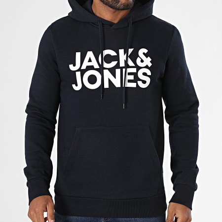 Jack And Jones - Sweat Capuche Corp Logo Bleu Marine Foncé