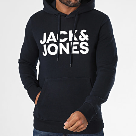 Jack And Jones - Sweat Capuche Corp Logo Bleu Marine Foncé