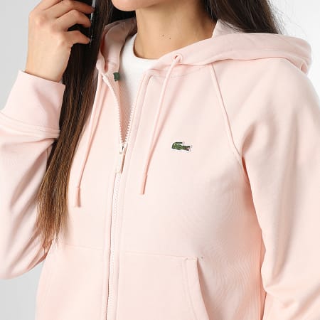 Lacoste - Sweat Zippé Capuche Femme Logo Brodé Crocodile Regular Fit Rose