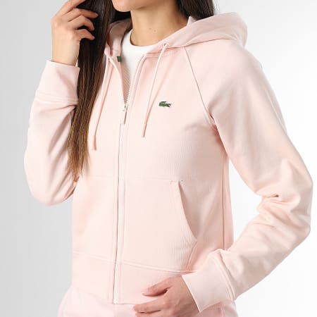 Lacoste - Sweat Zippé Capuche Femme Logo Brodé Crocodile Regular Fit Rose
