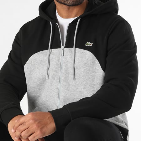 Lacoste - Sweat Zippé Capuche Logo Brodé Crocodile Gris Chiné Noir