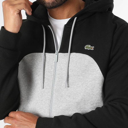 Lacoste - Sweat Zippé Capuche Logo Brodé Crocodile Gris Chiné Noir