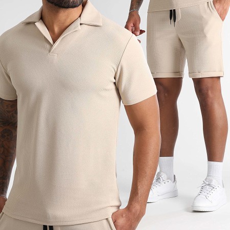 LBO - Waffle Textured Polo And Jogging Short Set 1577 Beige