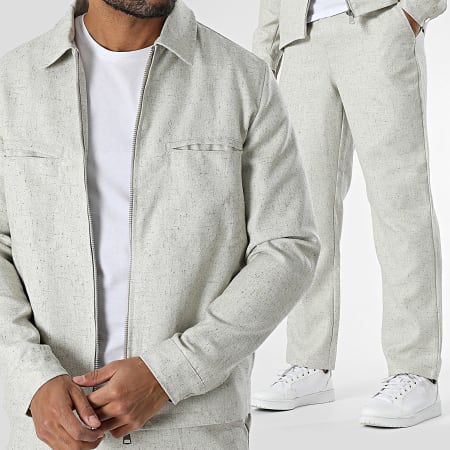 Frilivin - Conjunto de chaqueta y pantalón beige jaspeado con cremallera