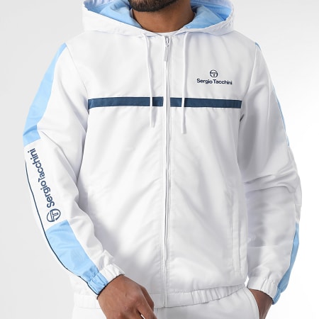 Sergio Tacchini - Veste Zippée Capuche A Bandes Prannie 40846 Blanc Bleu Clair Bleu Pétrole