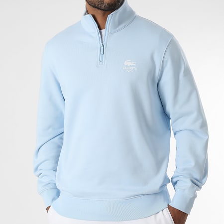 Lacoste - Sweat Col Montant Zippé Classic Fit Logo Crocodile Bleu Clair