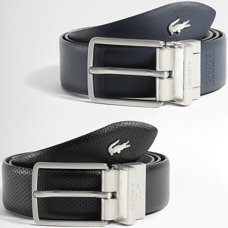 Lacoste - Ceinture en Cuir Réversible Avec Logo Crocodile Metal Noir Bleu Marine