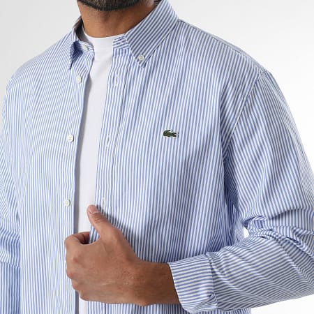 Lacoste - Chemise Manches Longues A Rayures Logo Brodé Crocodile Regular Fit Bleu Clair Blanc